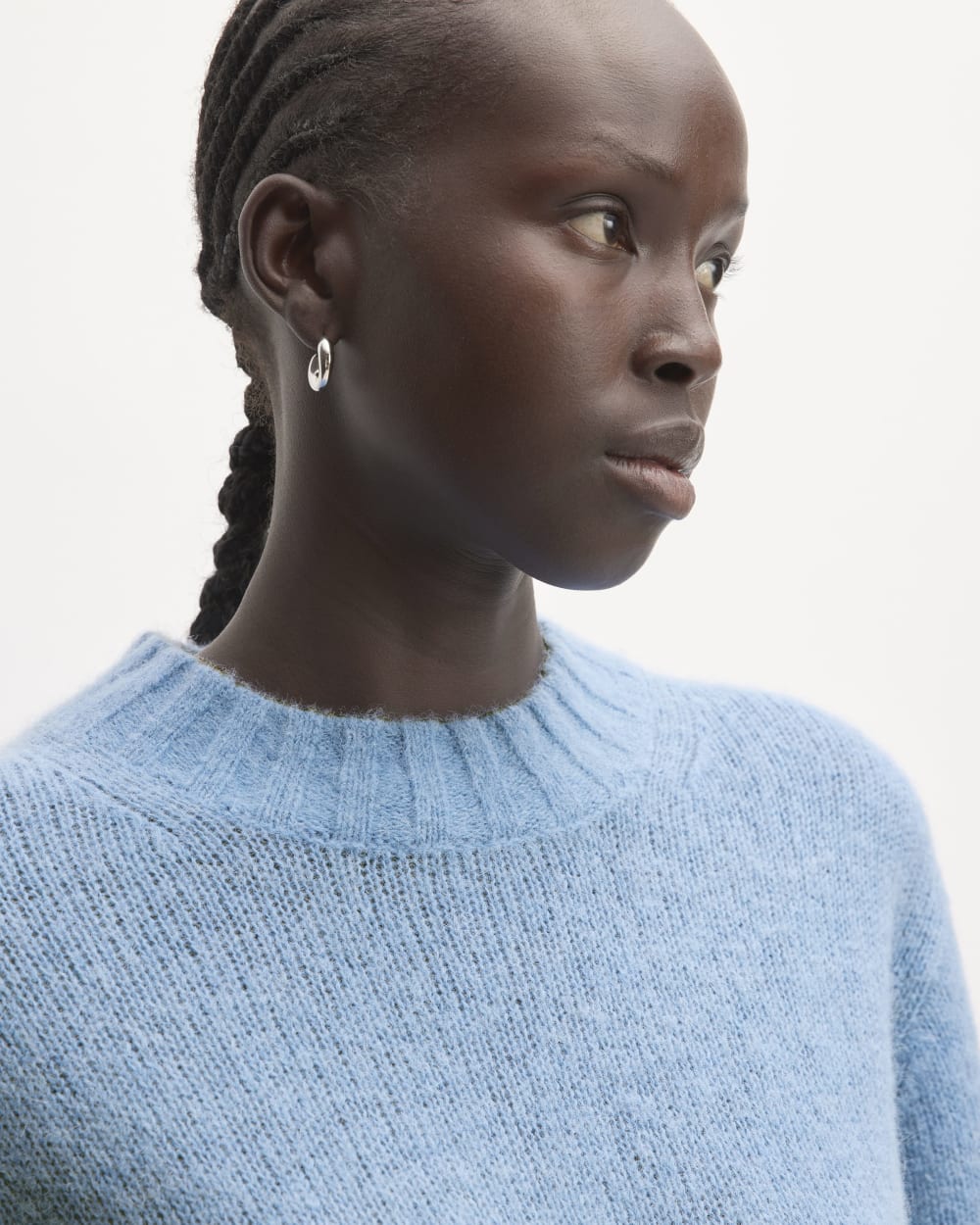 The Alpaca Cropped Crewneck Sweater in Heritage Blue — detail view