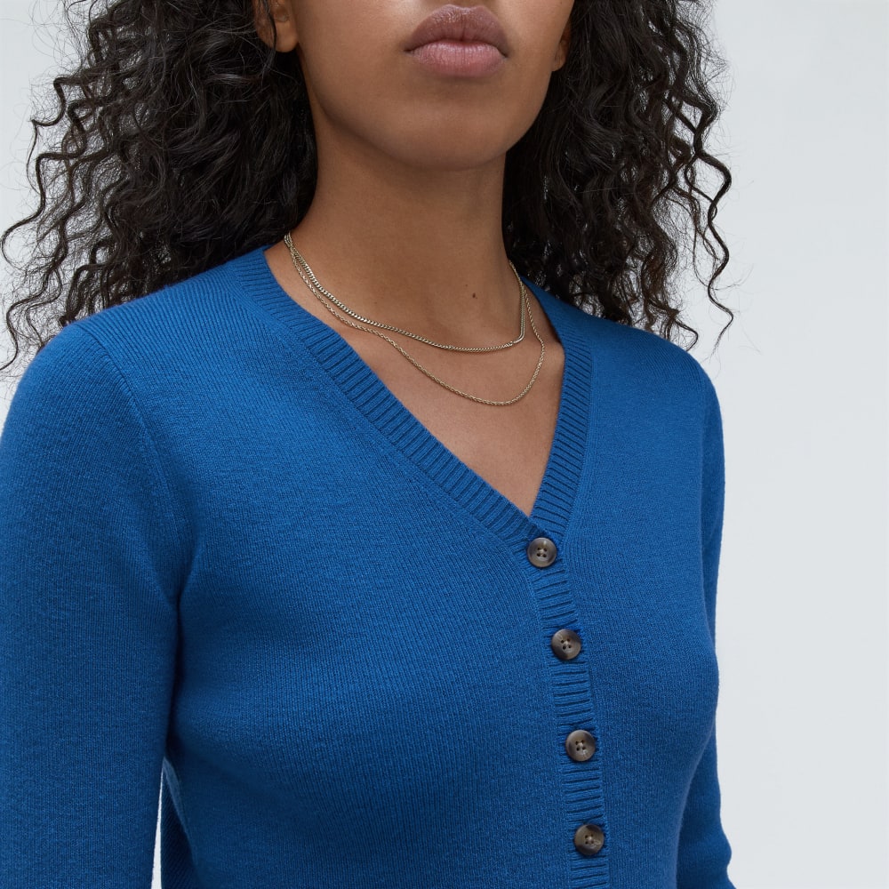 The Luxe Merino Cardigan in Lapis Blue — detail view