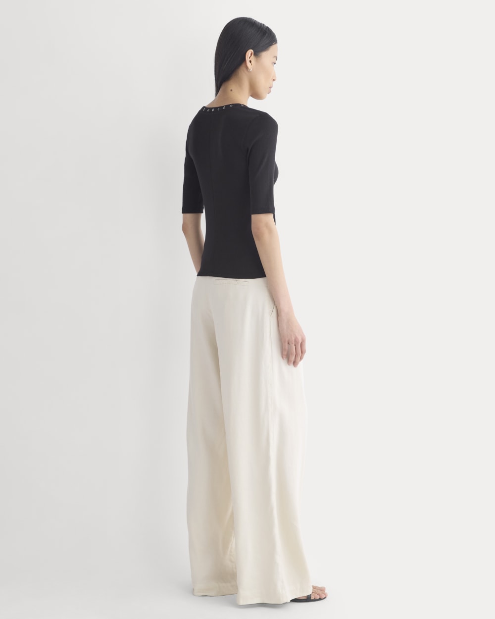 Luxe Rib V-Neck Henley in Black — detail view