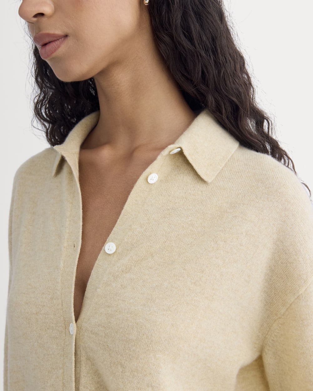 Cashmere Button-Up Shirt in Heather Light Camel — detail view