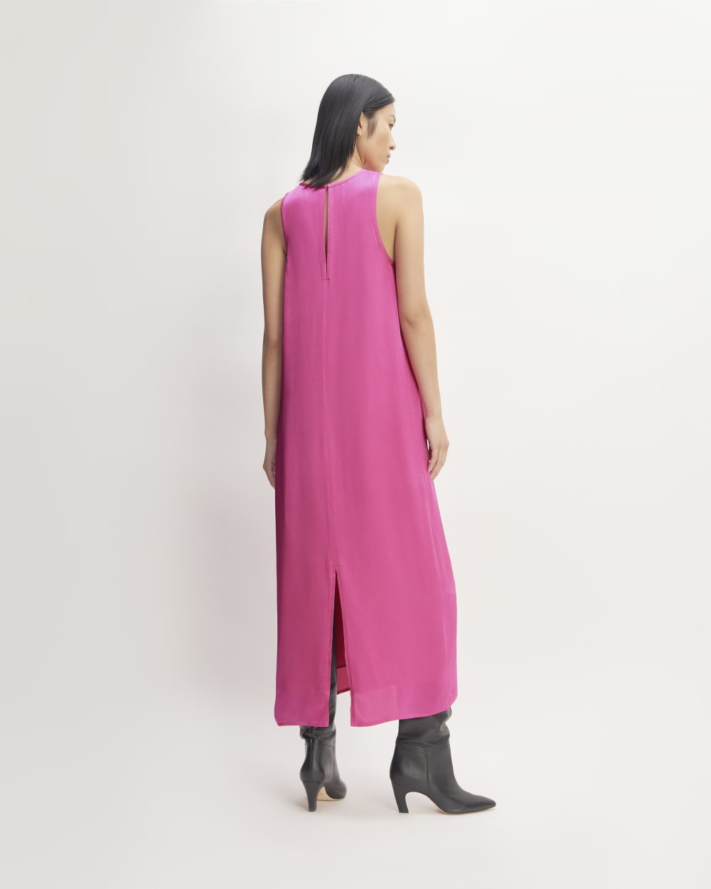 The Satin Racerback Slip Dress in Fuchsia Pink — detail view