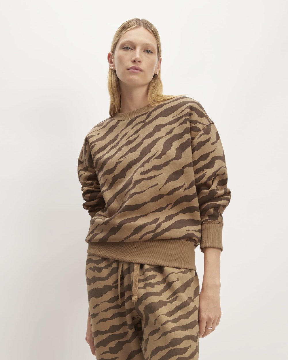 The ReTrack Oversized Crew in Cocoa Tiger Stripe — front view