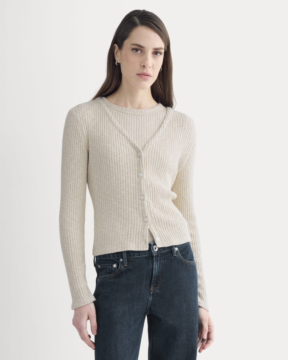 The Cozy Rib Cardigan in Peyote / Bone — detail view
