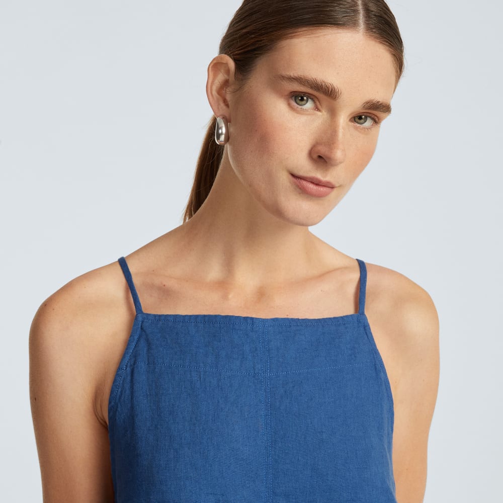 The Linen Apron Dress in Deep Blue — detail view
