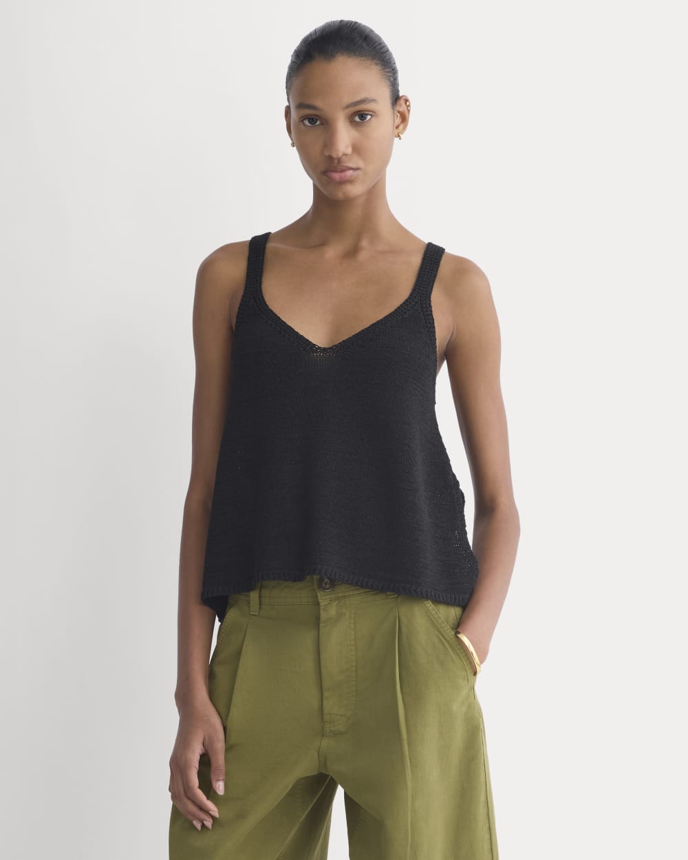 Racerback V-Neck Sweater in Black — front view