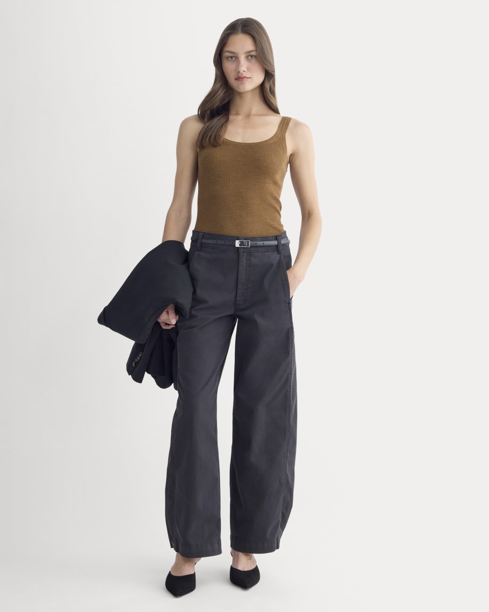 The Light Ribbed Cami in Ultrasoft Merino in Heathered Toffee — detail view