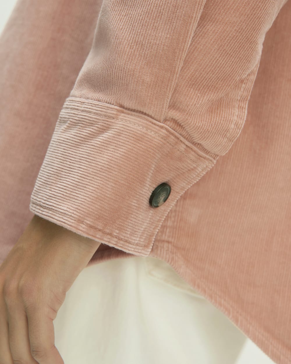 The Corduroy Oversized Shirt Jacket in Blush Pink — detail view