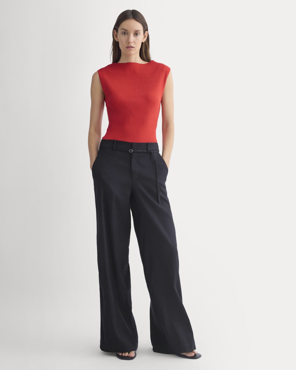 Boat-Neck Ribbed Knit in Fiery Red — detail view