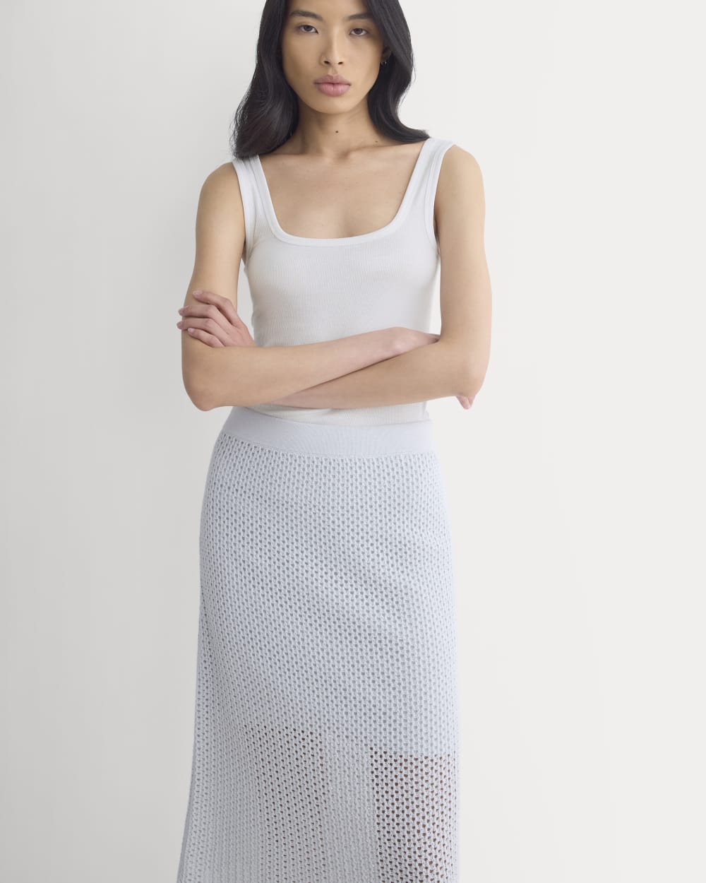Lace-Knit Midi Skirt in Skywriting — detail view