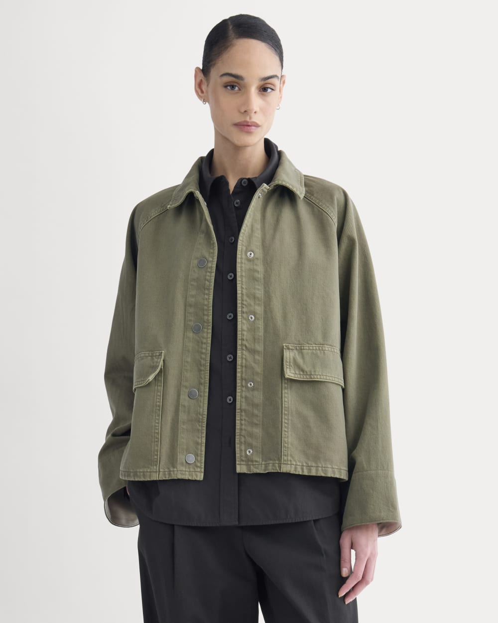Cropped Denim Jacket in Garment-Dyed Kalamata — front view
