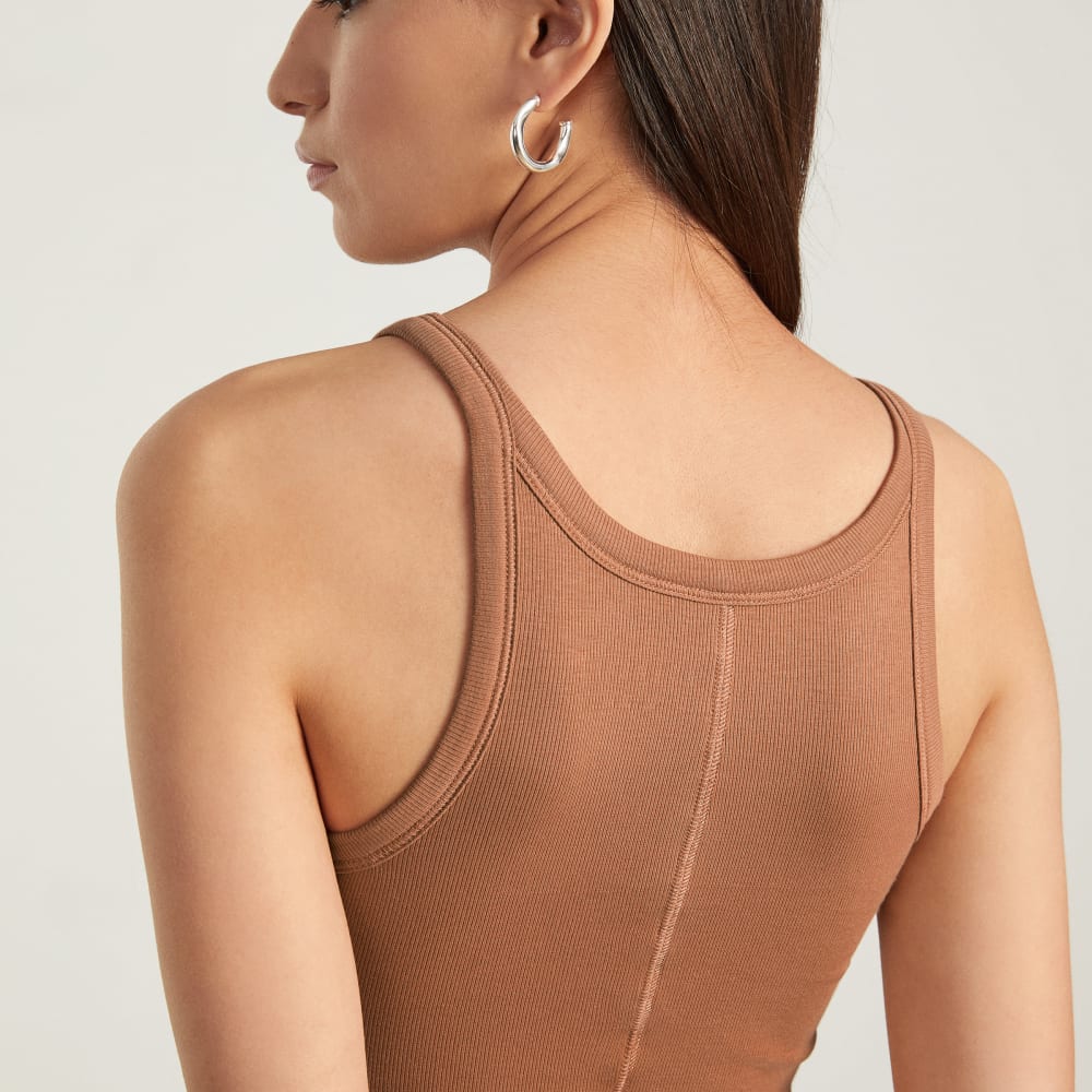 The Pima Micro-Rib Short Tank in Tawny Brown — detail view