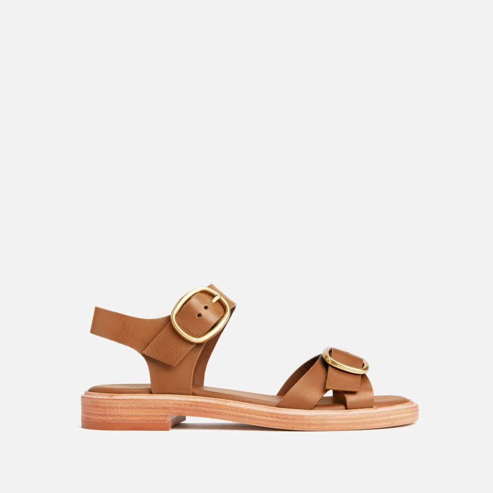 The Twin Buckle Sandal in Brown Sugar — front view