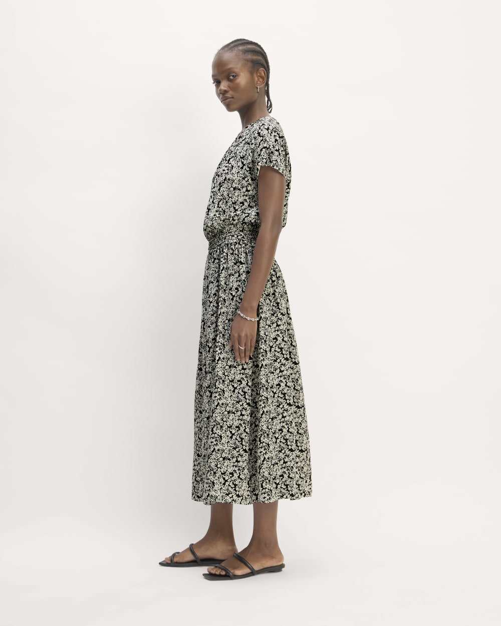 The Gathered Midi Dress in Black / Bone Mini Floral — detail view
