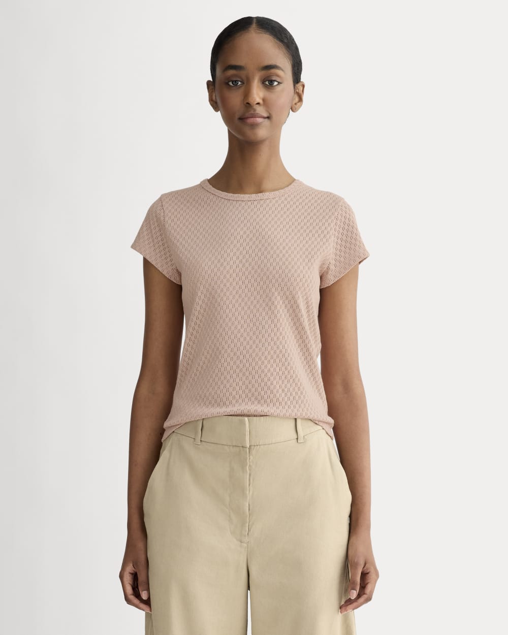 The Pointelle Short-Sleeve Tee in Rose Smoke — front view