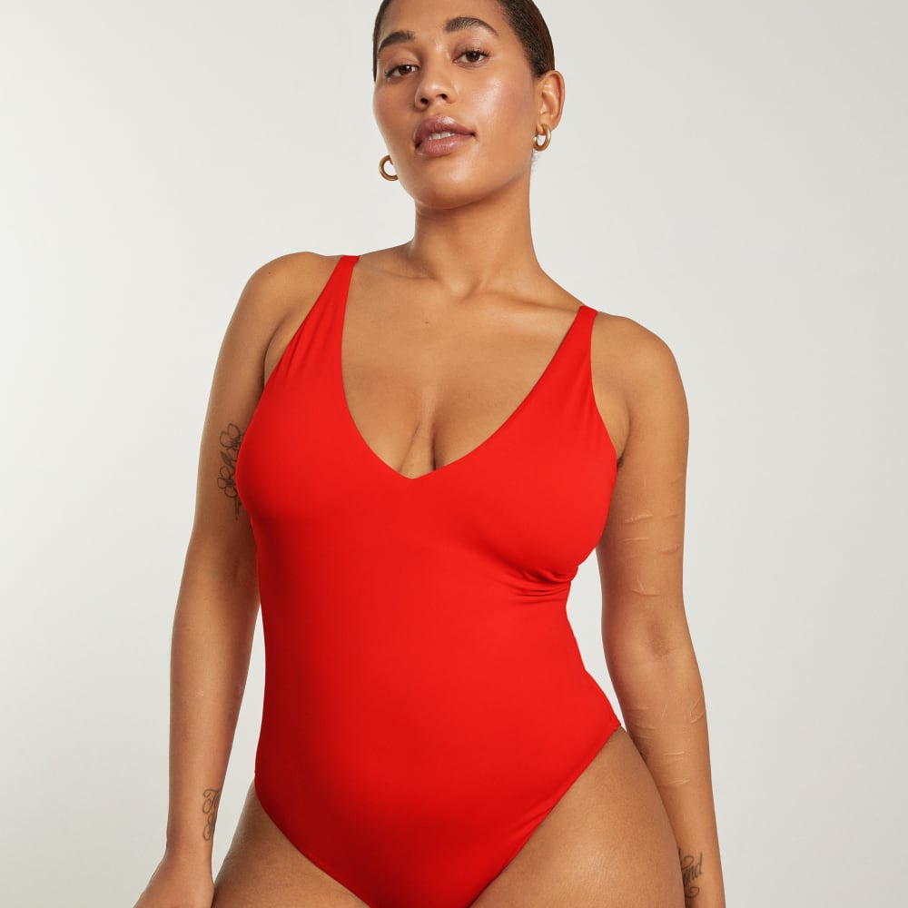 The V-Neck One-Piece in Bright Red — detail view