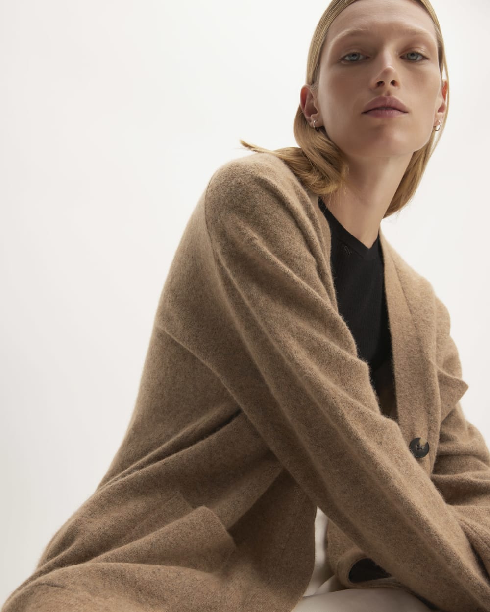 The Cozy-Stretch Relaxed Cardigan in Heathered Toasted Coconut — detail view