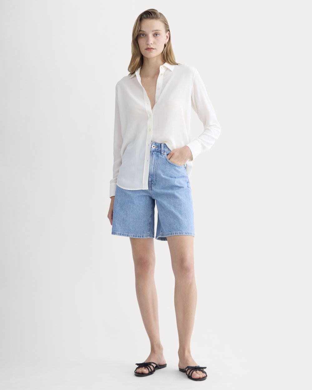 The Long A-Line Denim Short in Light Indigo — front view
