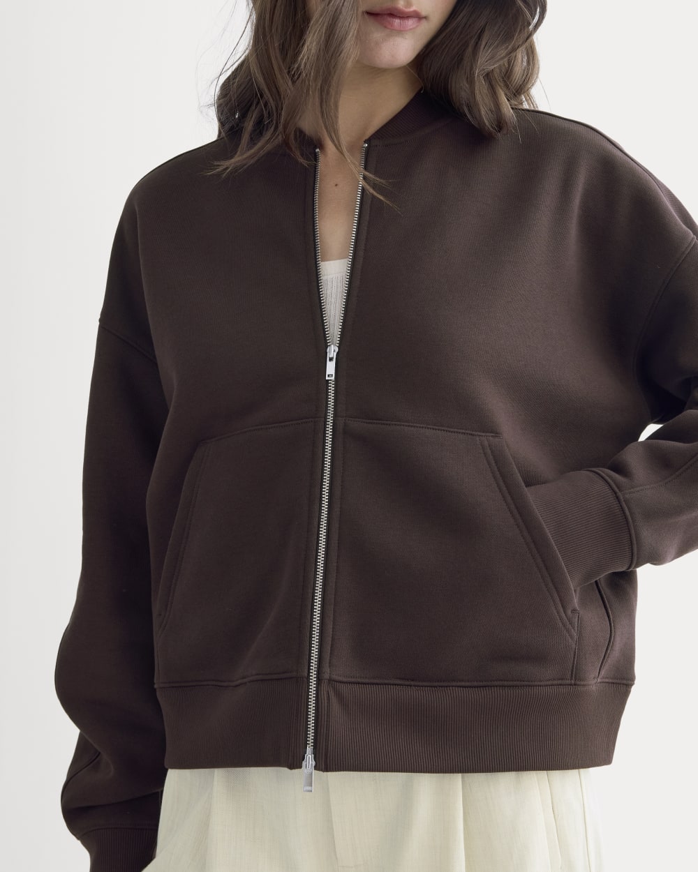 Luxe Fleece Bomber Jacket in Dark Chocolate — detail view