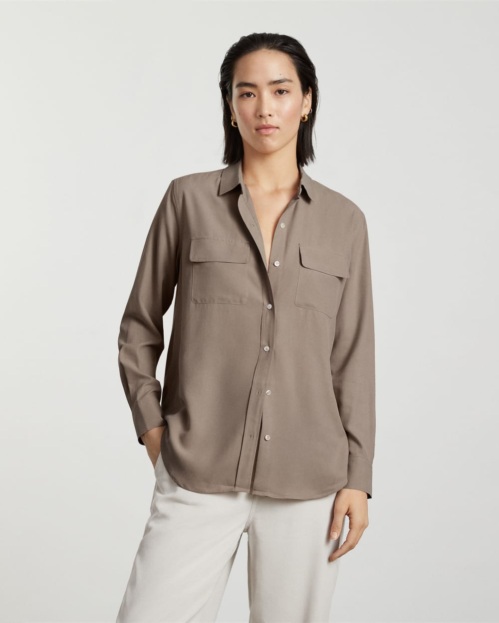 The Washable Silk Relaxed Shirt in Burnt Sugar — detail view
