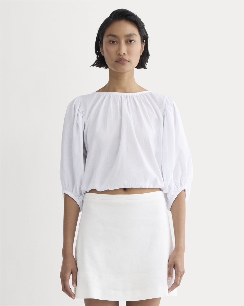 The Gauze Puff-Sleeve Top in White — front view