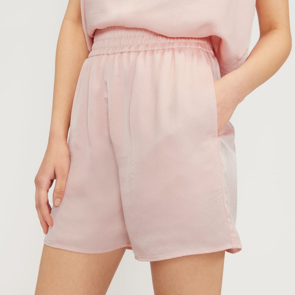 The Satin Pull-On Short in Petal Pink — detail view