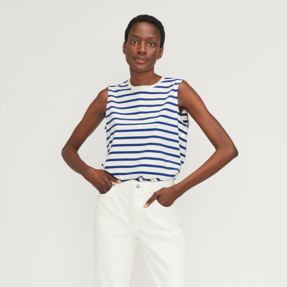 The Mariner Tank in Canvas Tan / Mazarine Blue — front view