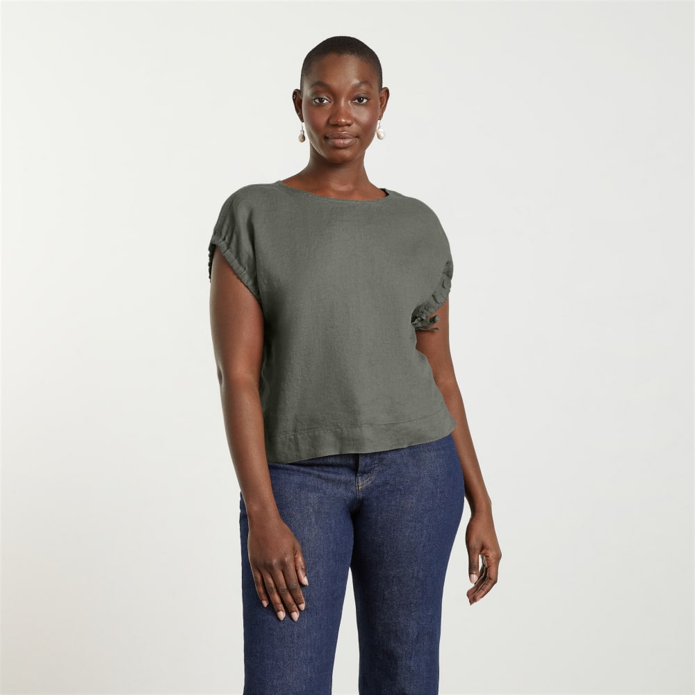 The Drawstring Tunic in Pewter Green — alternate view