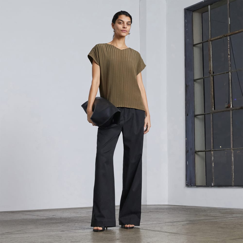 The City Stripe V-Neck Top in Beech — detail view