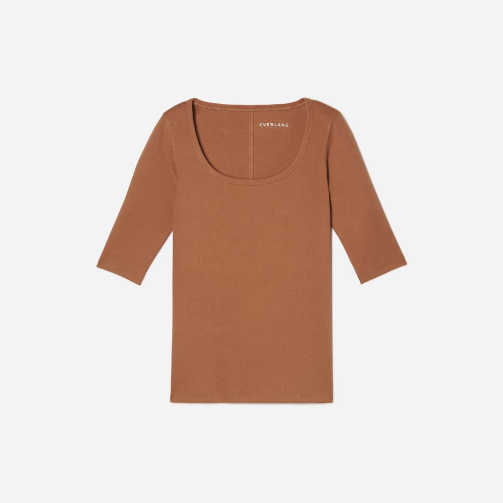 The Luxe Micro-Rib Scoop-Neck Tee in Tawny Brown — front view
