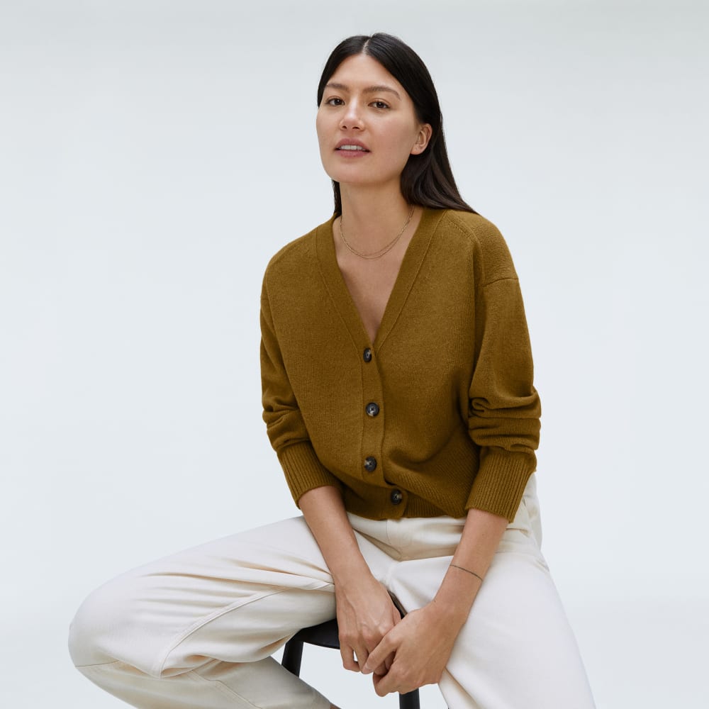 The Cashmere Cardigan in Tapenade — detail view