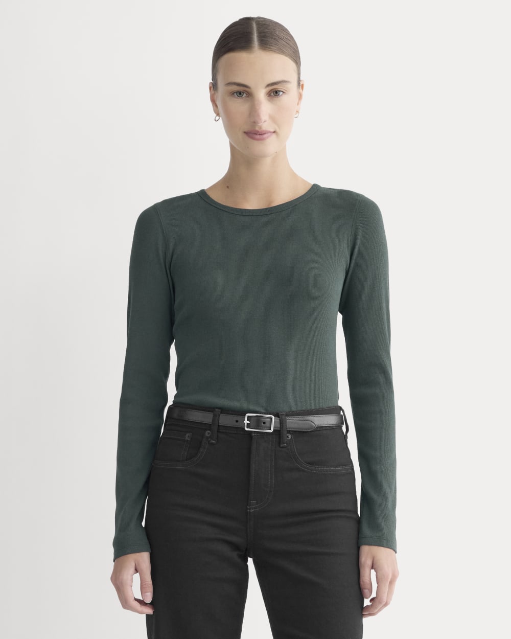 The Luxe Rib Long-Sleeve Crew in Heathered Dark Sea — front view