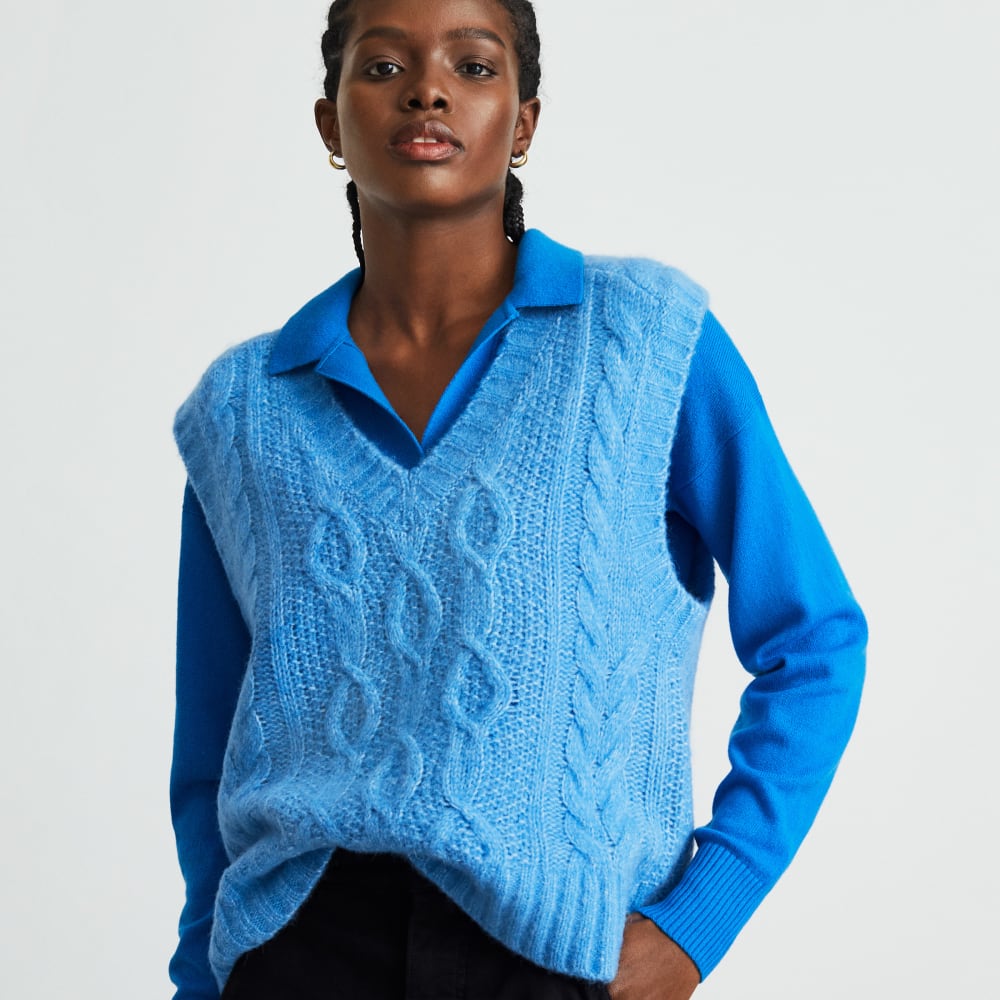 The Cloud Cable-Knit Vest in Lake — detail view