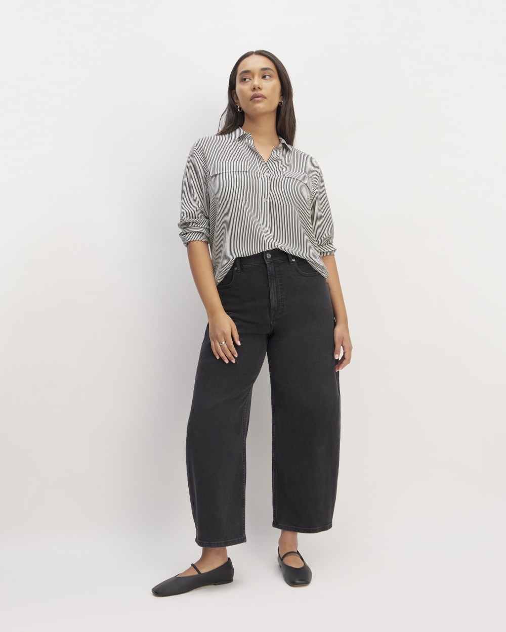 The Utility Shirt in Washable Silk in Black / White — detail view