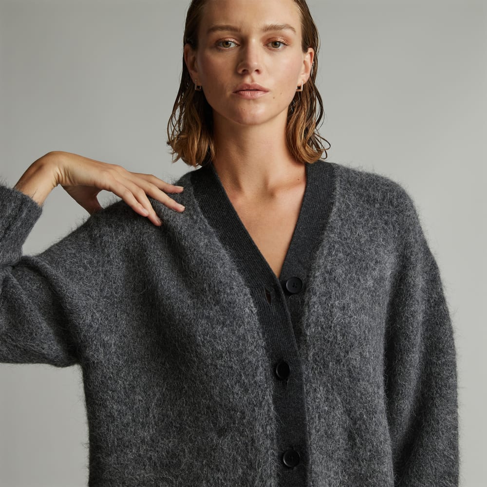 The SuperFuzz Alpaca Oversized Cardigan in Heathered Charcoal — detail view
