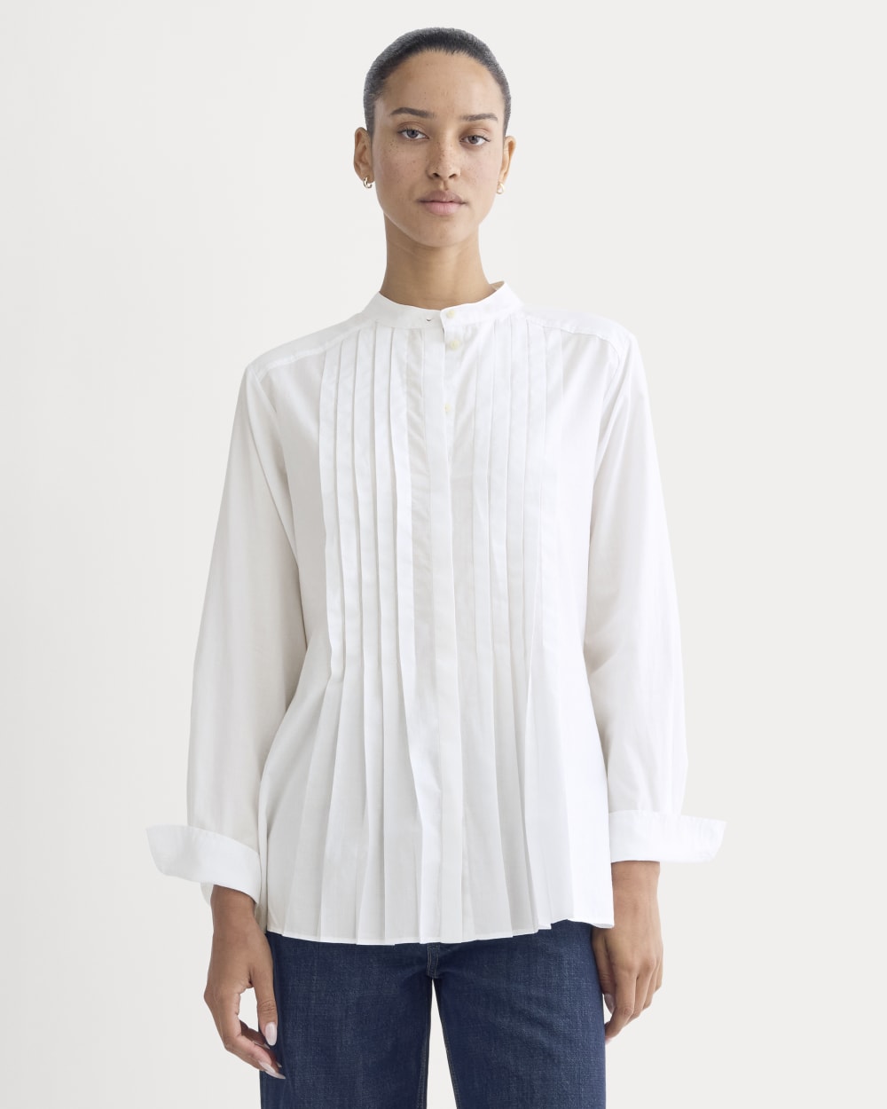 The Pleated Shirt in Silky Cotton in White — front view