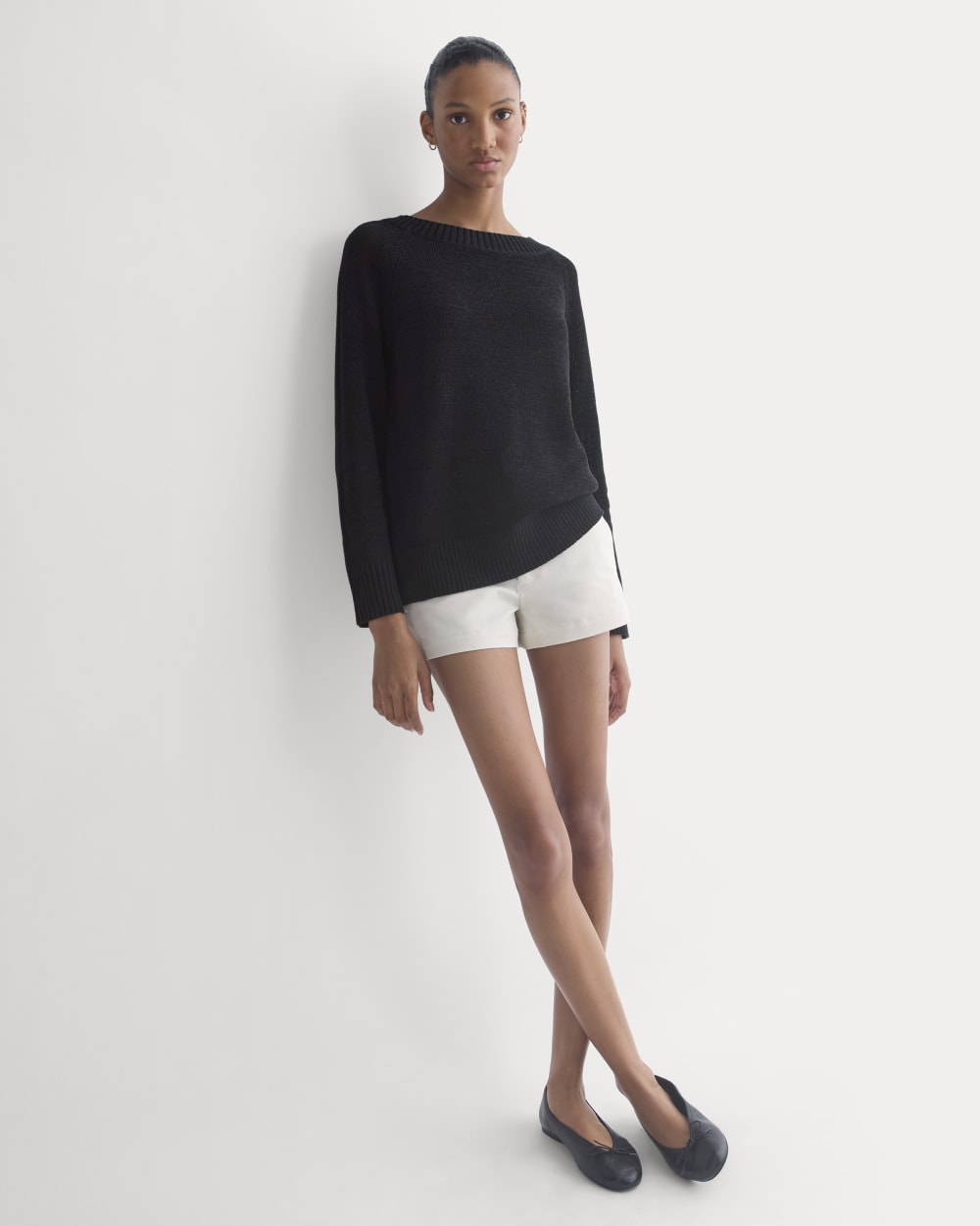 Wide-Neck Crew Sweater in Tape Yarn in Black — detail view