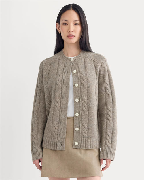 Cable Cardigan in Extrafine Luxe Merino in Heather Soft Taupe — front view