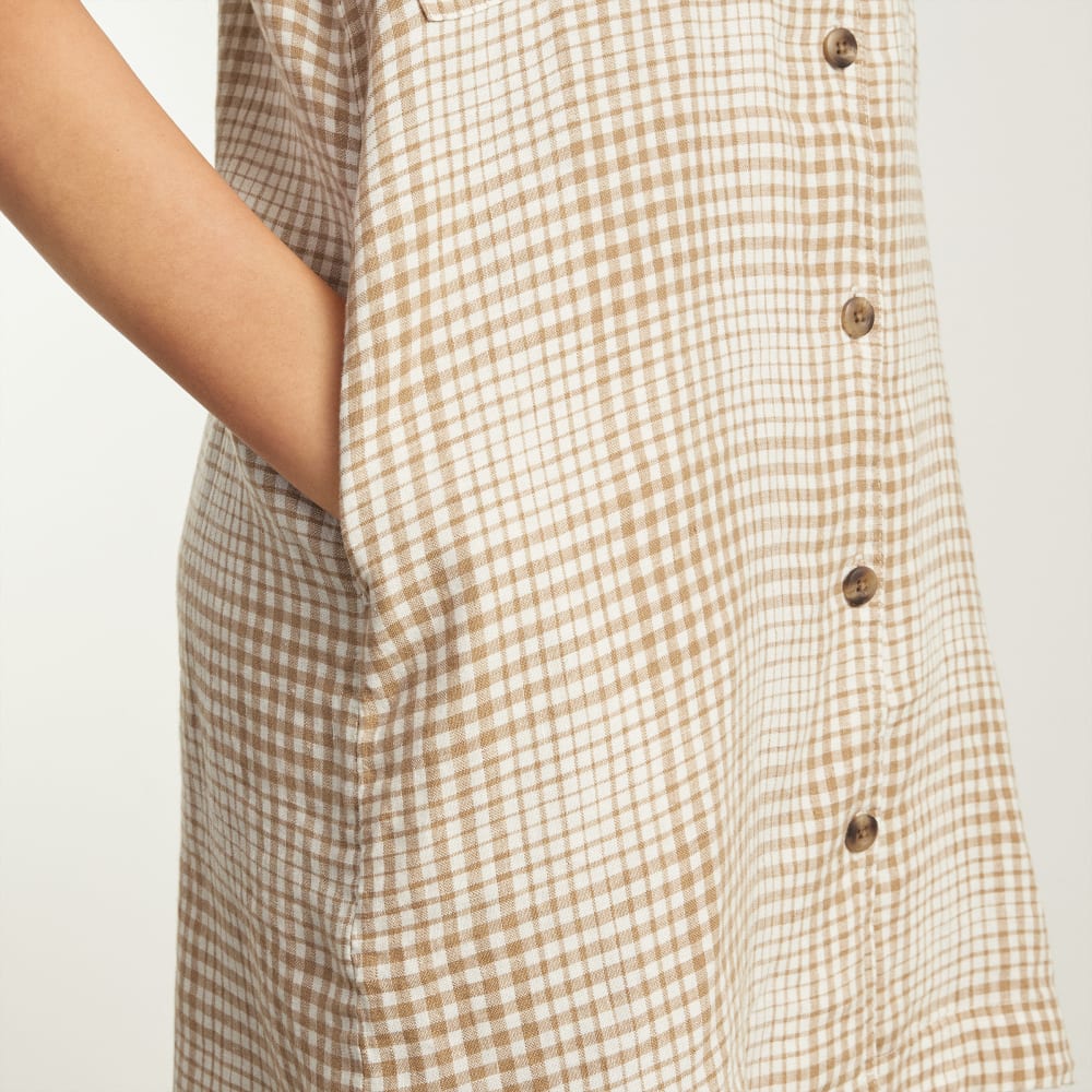 The Linen Workwear Dress in Iced Coffee Grid — detail view