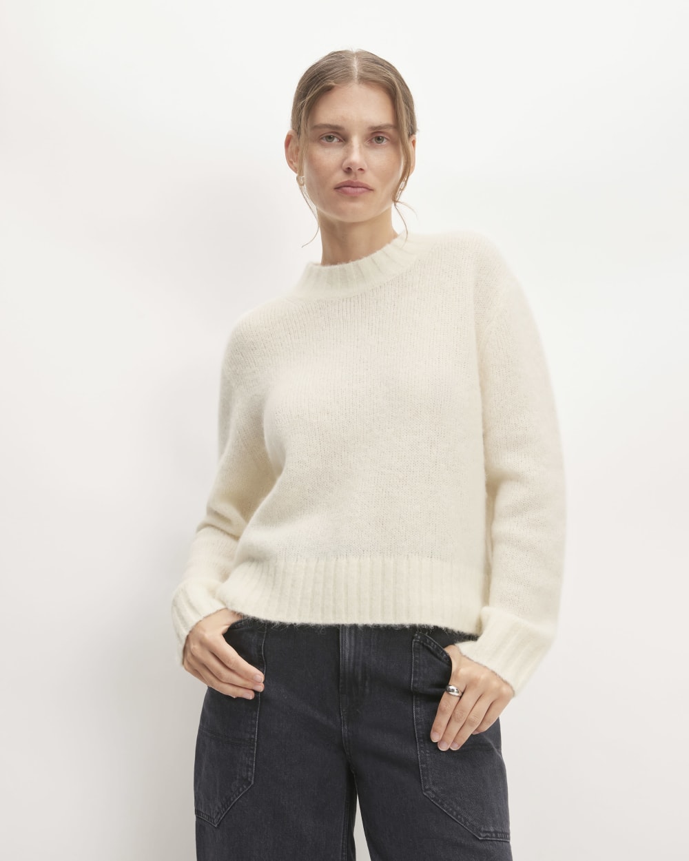 The Alpaca Cropped Crewneck Sweater in Snow — front view