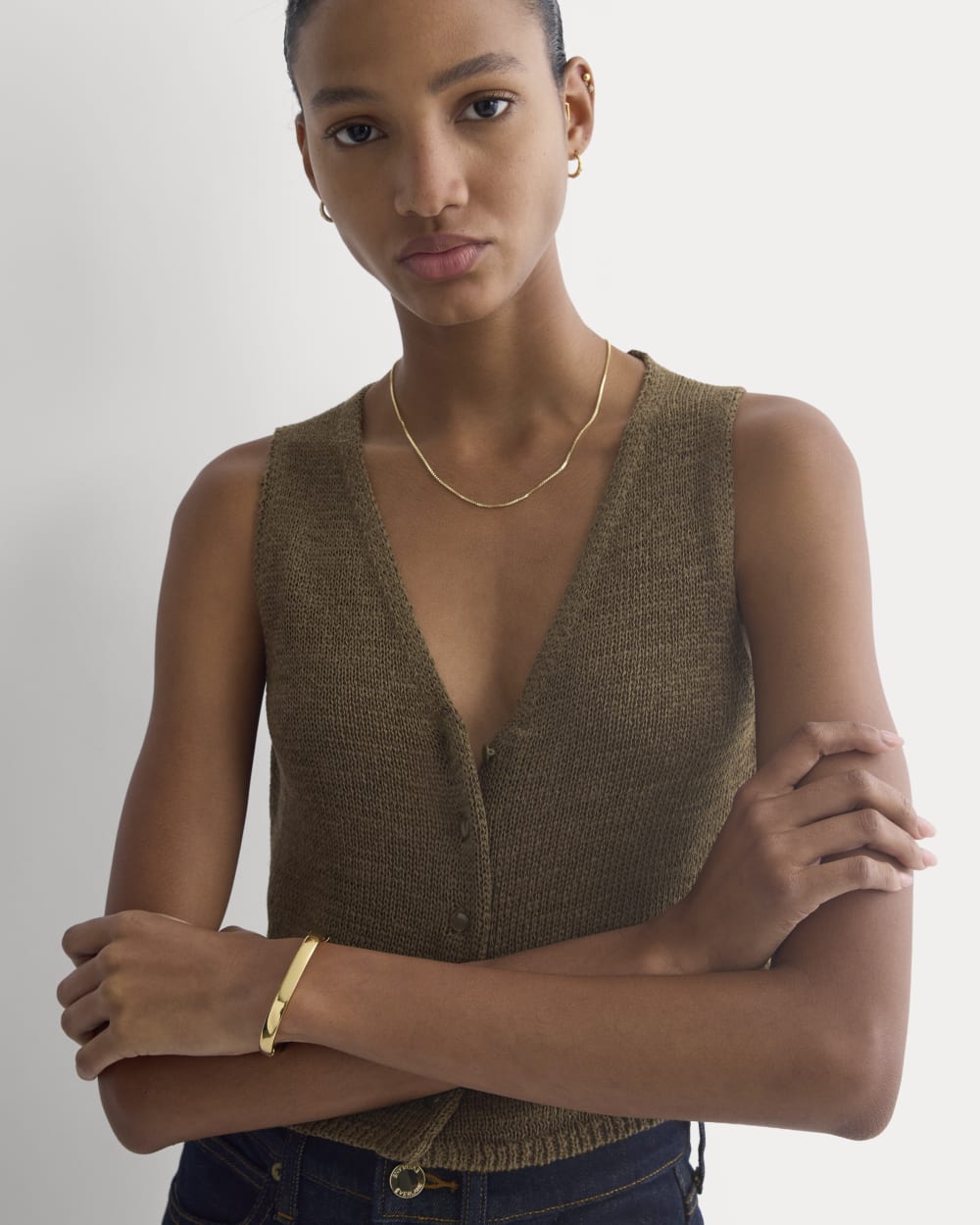 Button-Front Tank in Tape Yarn in Beech — detail view
