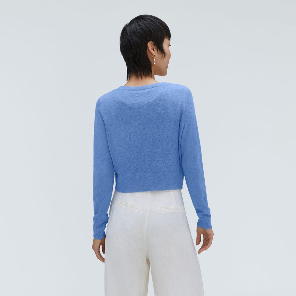 The Featherweight Alpaca Cardigan in Blue Opal — detail view