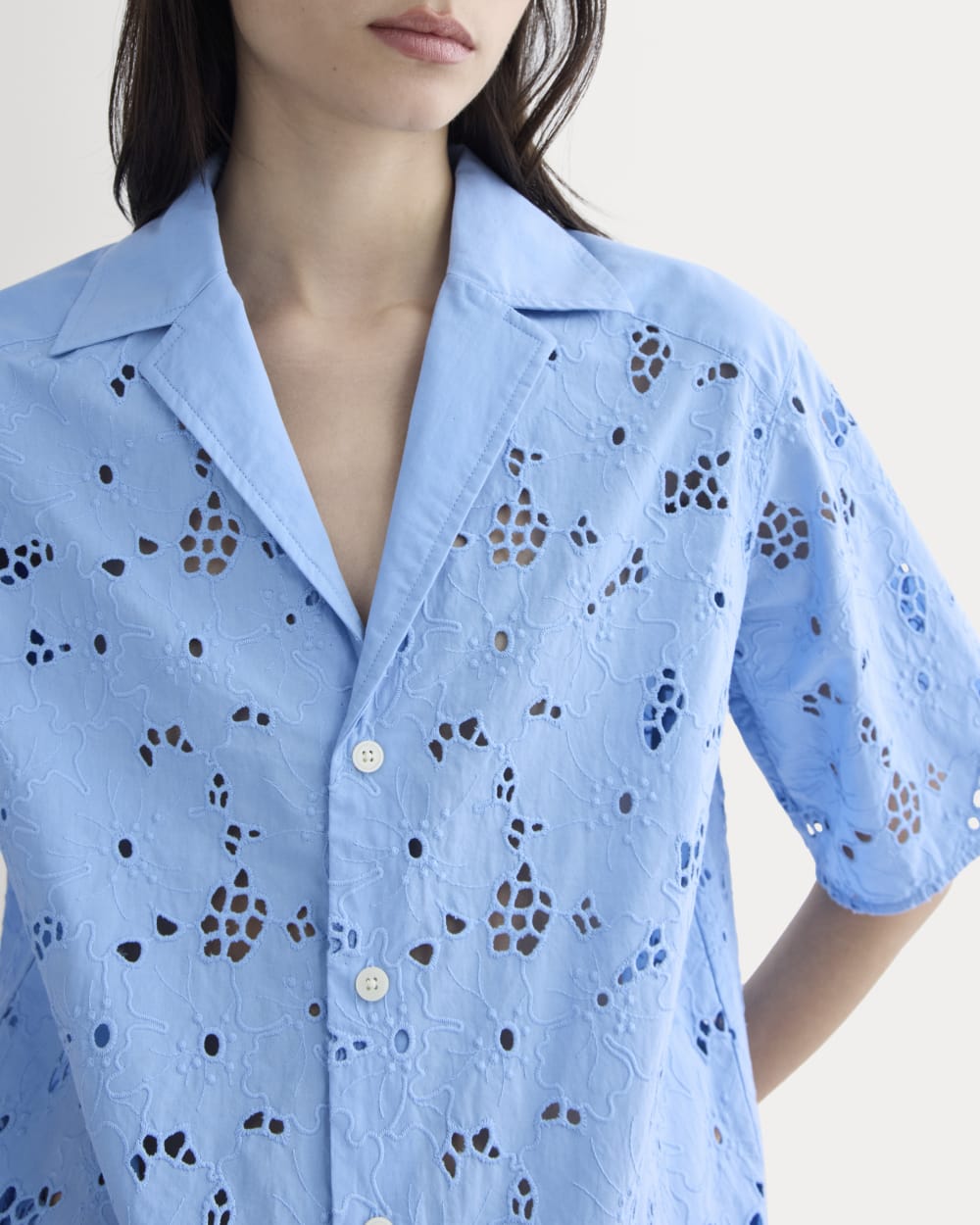 The Eyelet Camp Shirt in Sky Blue — detail view