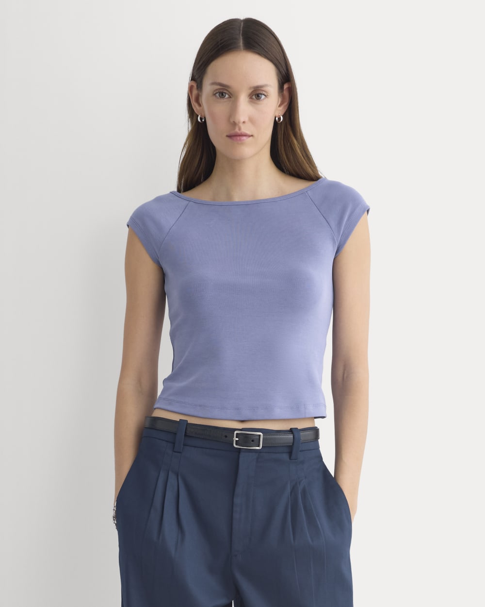 Boatneck Cap-Sleeve Top in Butterknit in Blue Dusk — front view