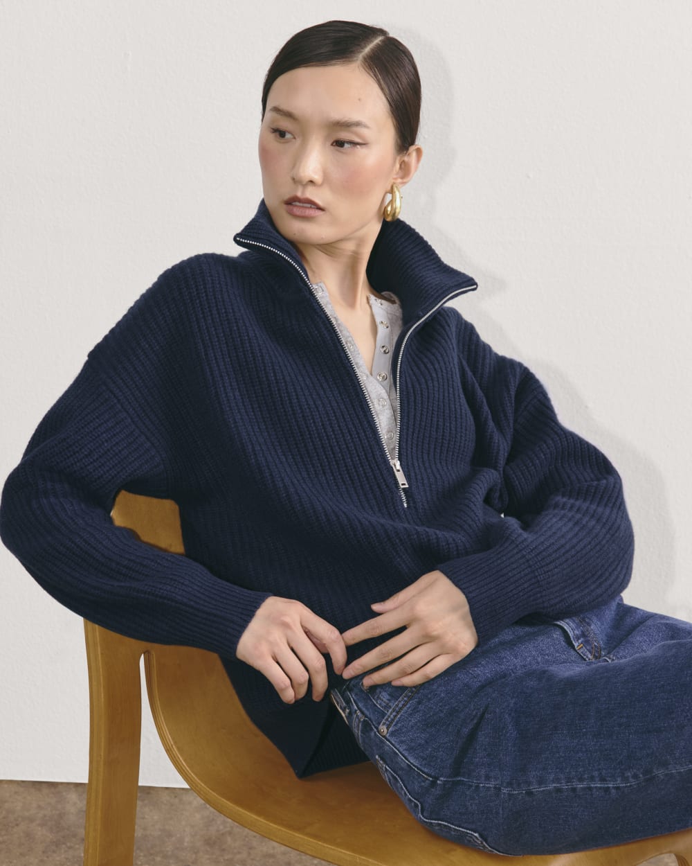 The Half-Zip Sweater in Luxe Merino in Navy — detail view
