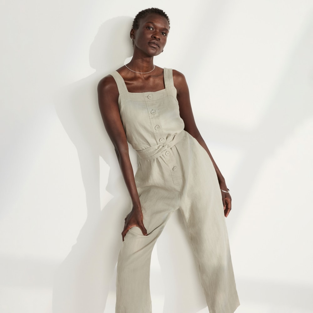 The Linen Jumpsuit in Seagrass — front view