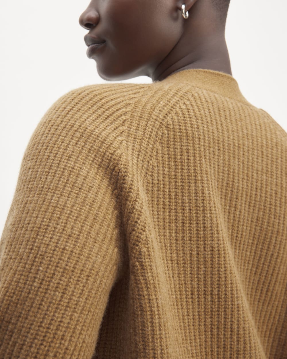 The Felted Merino Cardigan in Deep Camel — detail view