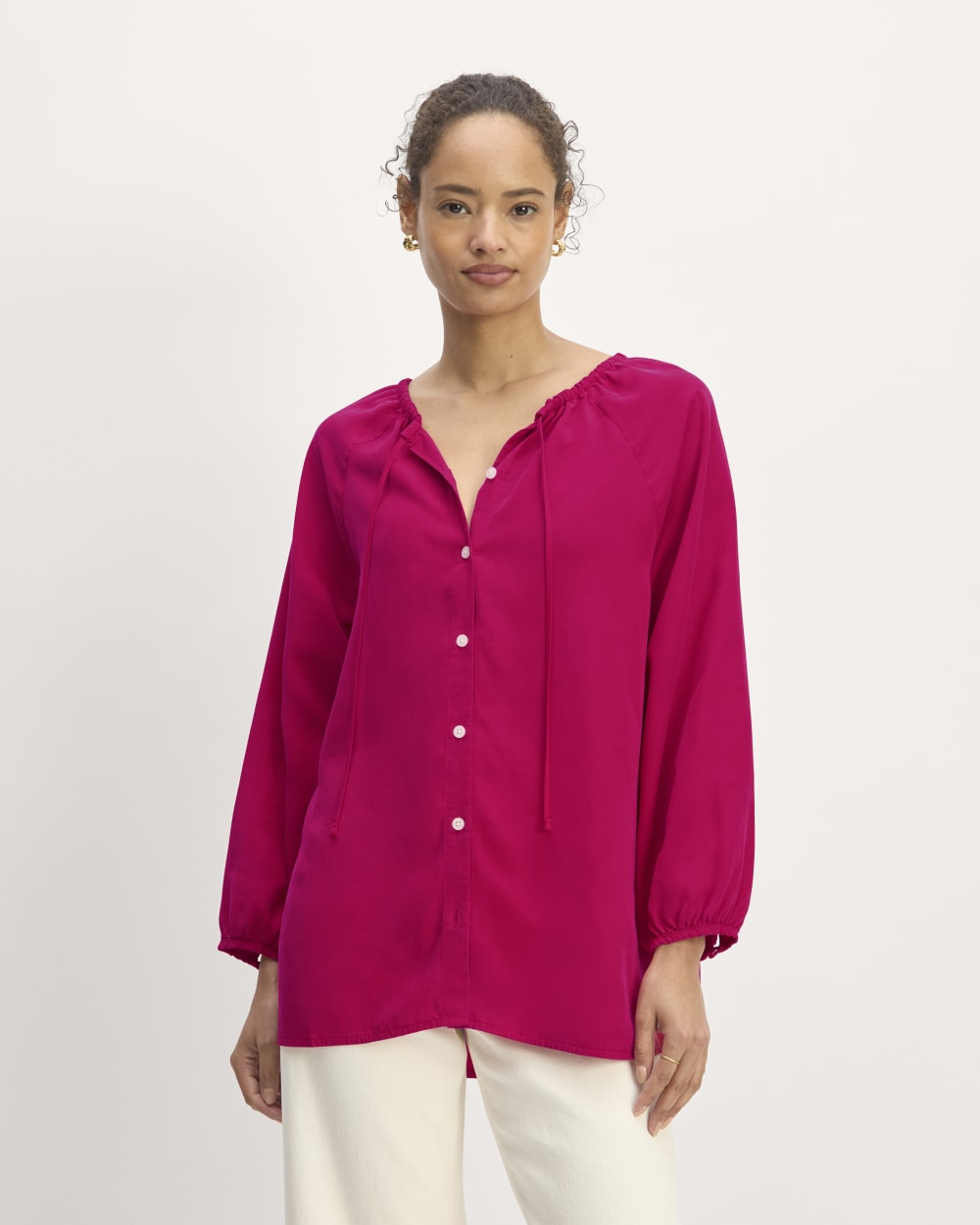 The Gathered Shirt in Butterlite in Red Currant — front view