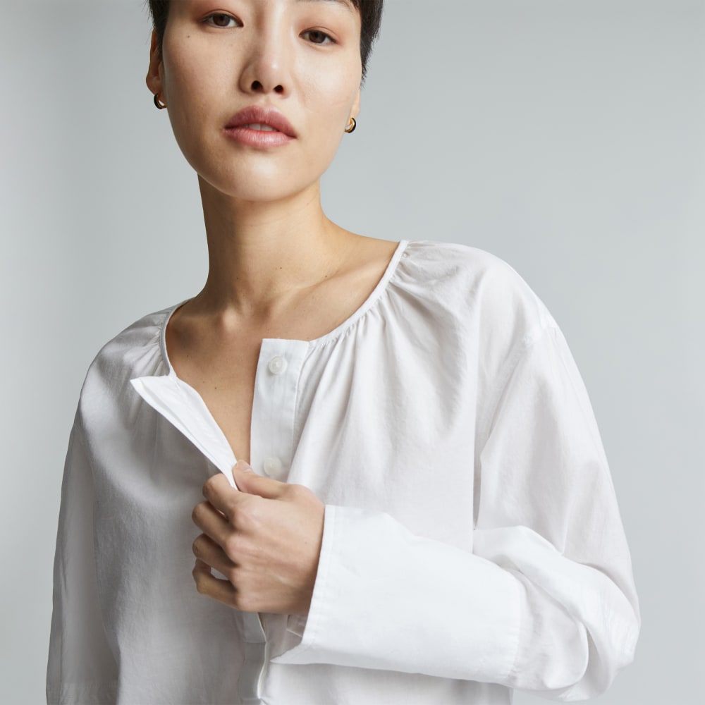 The Silky Cotton Balloon Sleeve Top in White — detail view