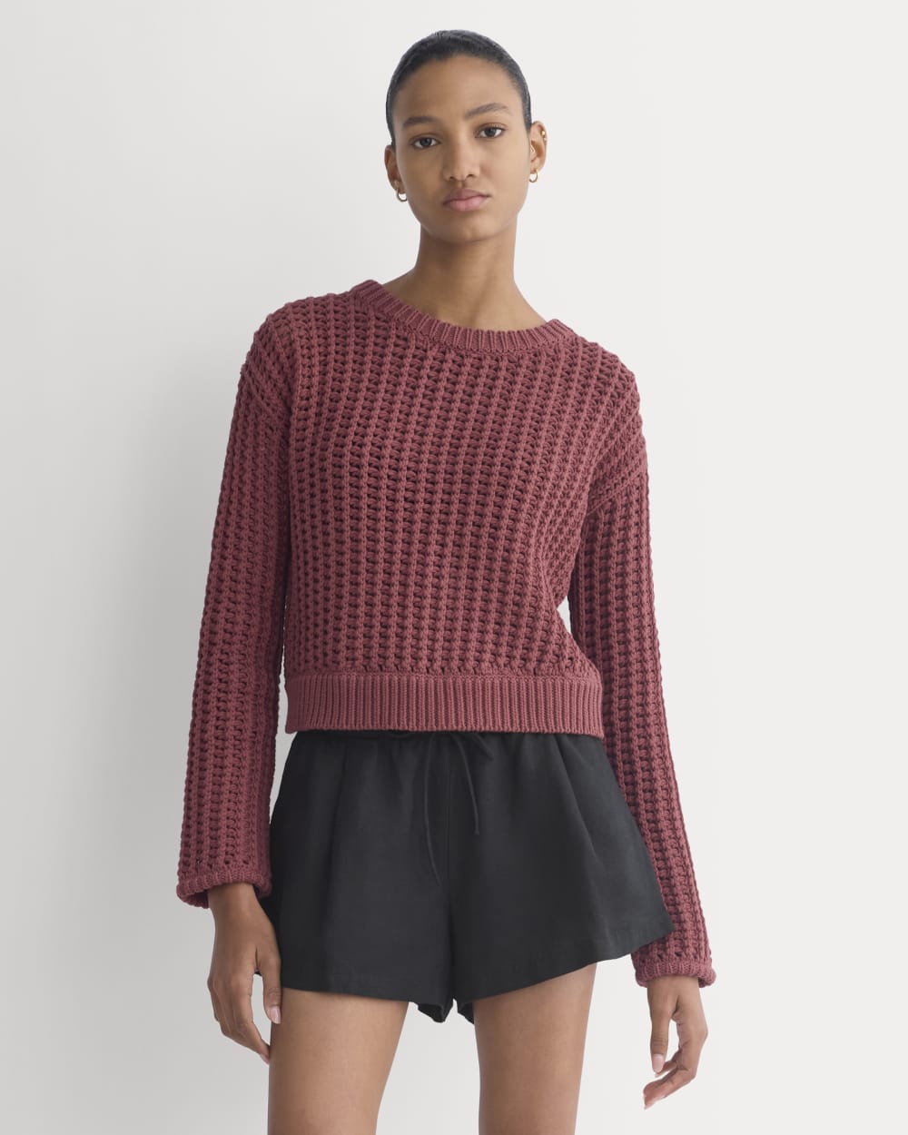 Open-Knit Crew in Elevated Cotton in Henna Red — front view