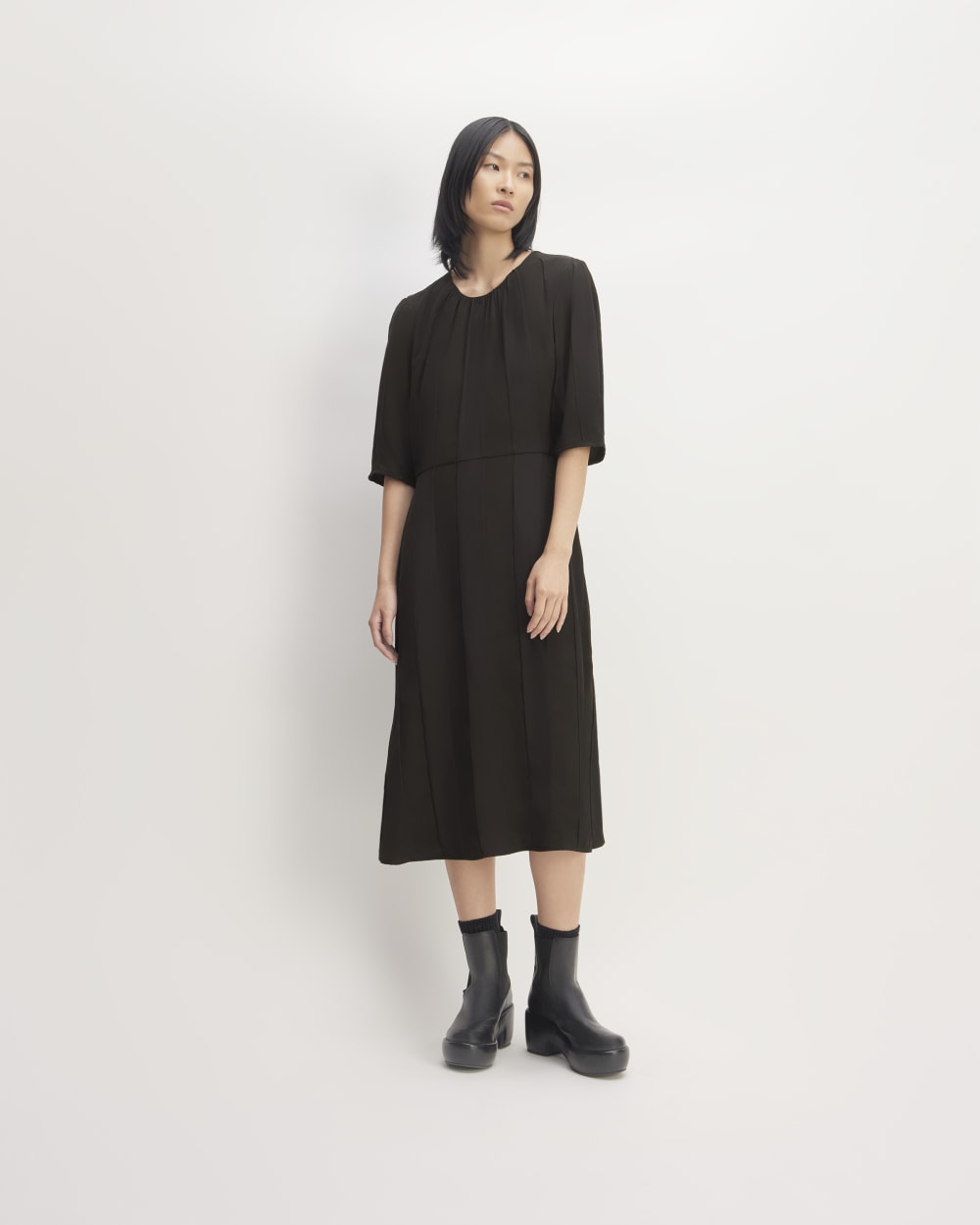 The City Stripe Ruched Dress in Black — front view
